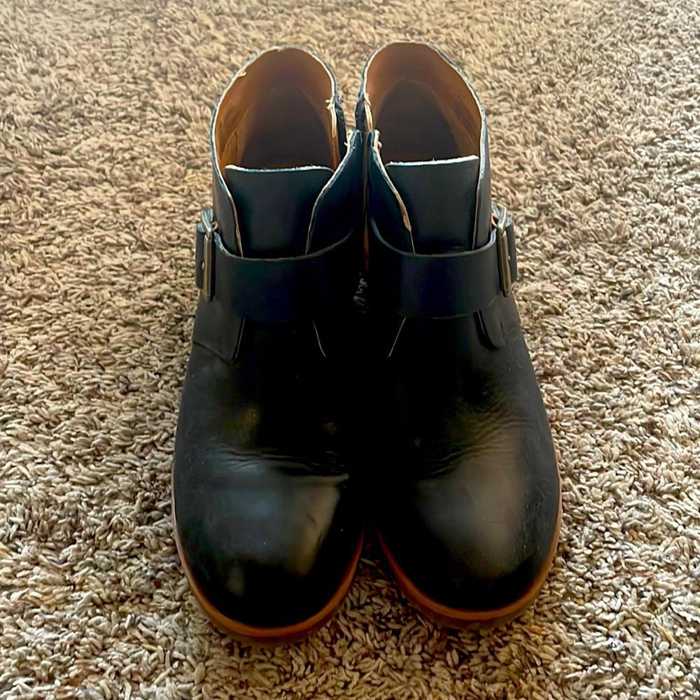 Korks low black buckle boots. 8.5
